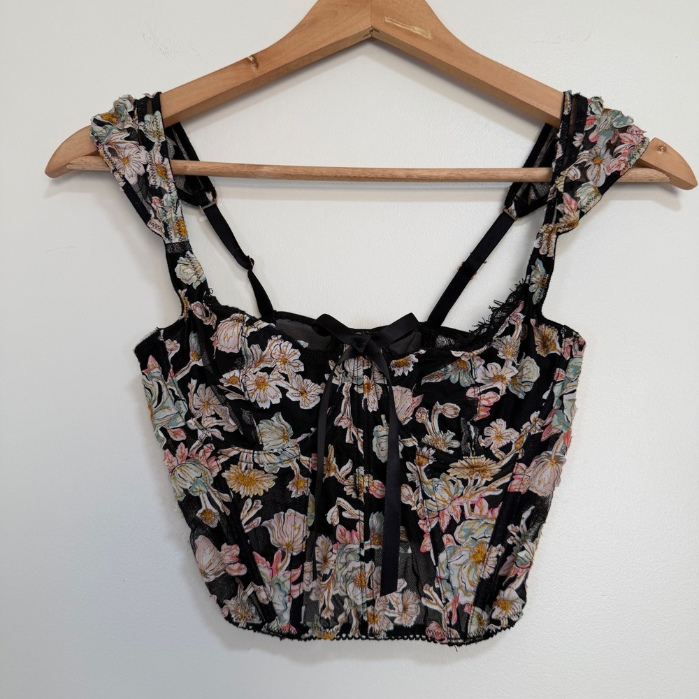 Victoria's Secret Dream Angels Floral Corset Top Womens 32C Black Embroidered